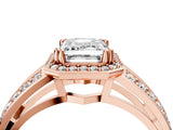 Rose gold Emerald Diamond Halo Ring with Split Shank Pavé Band and Four-Prong Setting_10