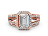 Rose gold Emerald Diamond Halo Ring with Split Shank Pavé Band and Four-Prong Setting_6