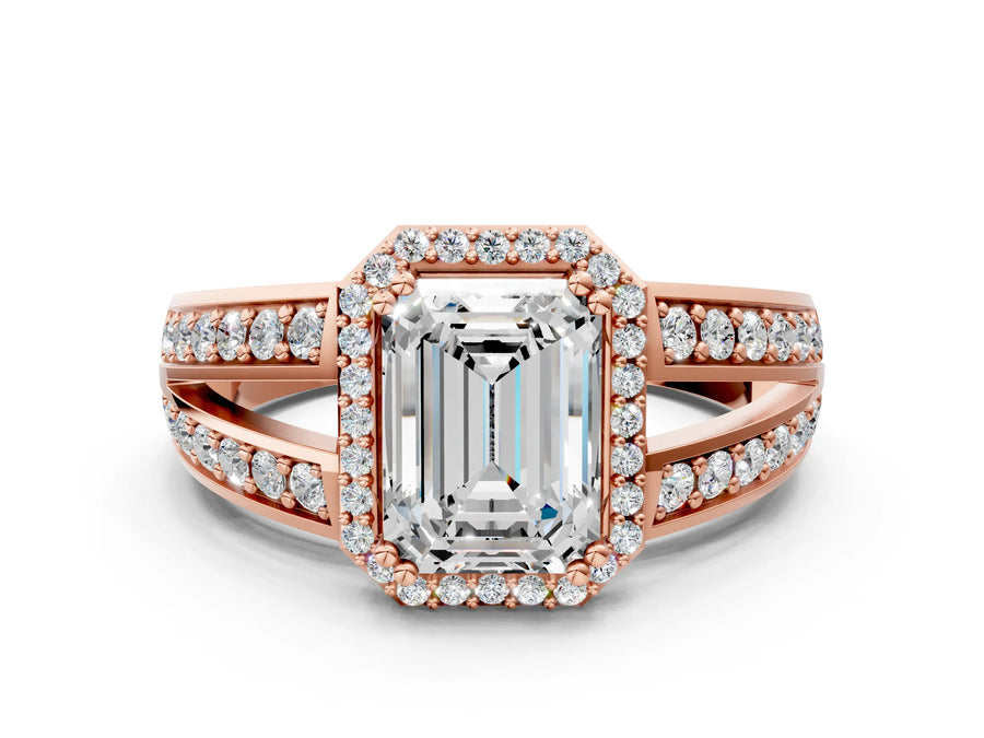 Rose gold Emerald Diamond Halo Ring with Split Shank Pavé Band and Four-Prong Setting