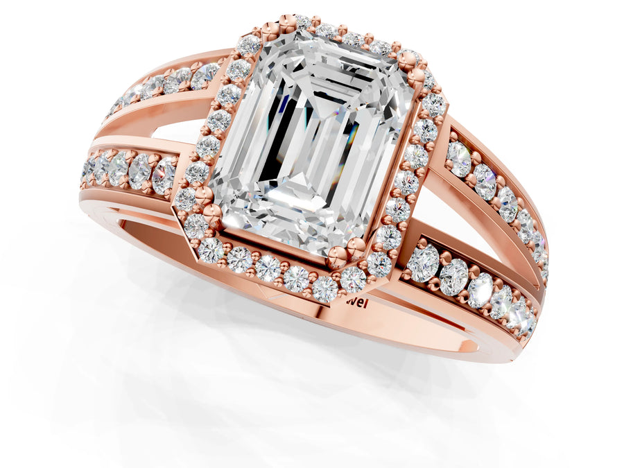 Rose gold Emerald Diamond Halo Ring with Split Shank Pavé Band and Four-Prong Setting