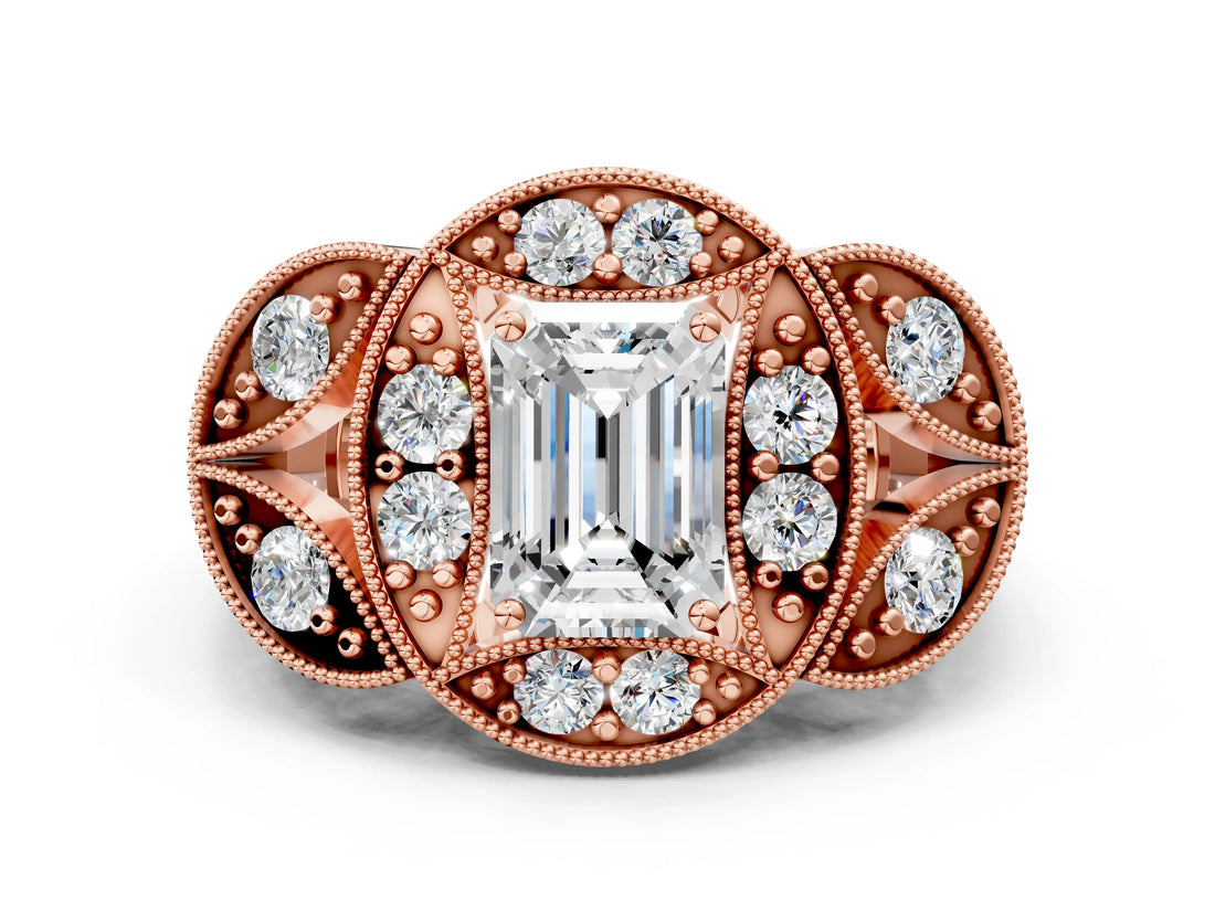 Rose gold Emerald Diamond Milgrain Marquise Filigree Engagement Ring with Prong Setting_6