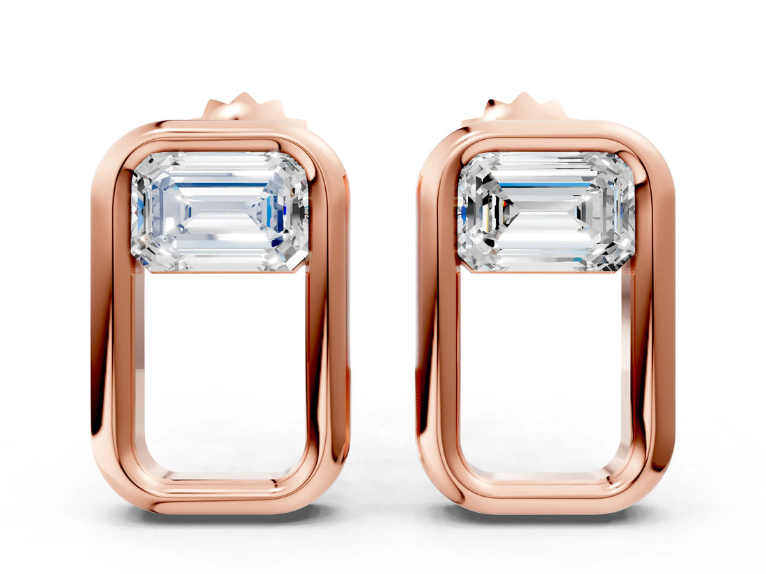 Rose gold Emerald Diamond Open Frame Stud Earrings_30