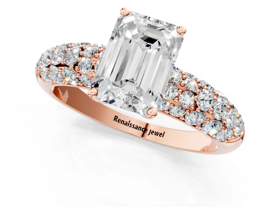 Rose gold Emerald Diamond Pavé Band Solitaire Ring with Four-Prong Setting