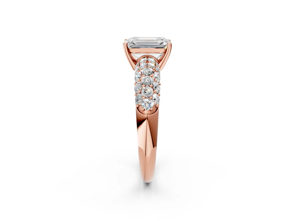 Rose gold Emerald Diamond Pavé Band Solitaire Ring with Four-Prong Setting