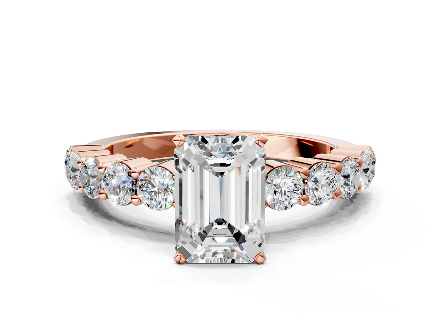 Rose gold Emerald Diamond Solitaire Ring with Shared Prong Round Side Stones