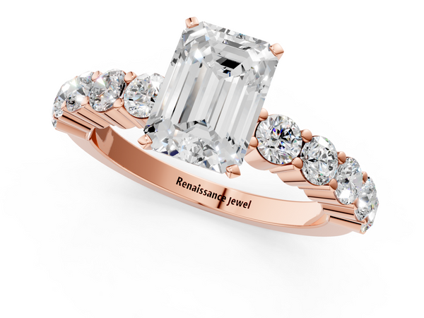Rose gold Emerald Diamond Solitaire Ring with Shared Prong Round Side Stones
