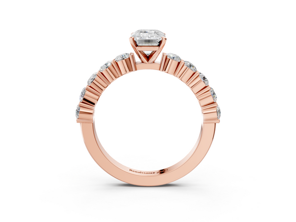 Rose gold Emerald Diamond Solitaire Ring with Shared Prong Round Side Stones