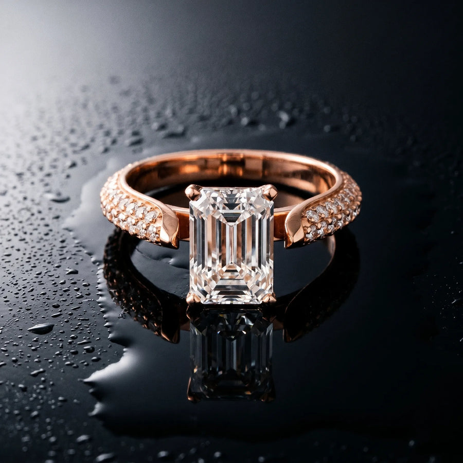 Rose gold Emerald Diamond Solitaire Engagement Ring with Pavé Band and Four-Prong Setting