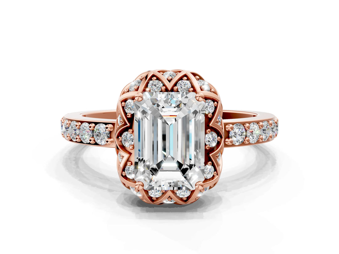 Rose gold Emerald Diamond Solitaire Ring with Shared Prong Pavé Band_54