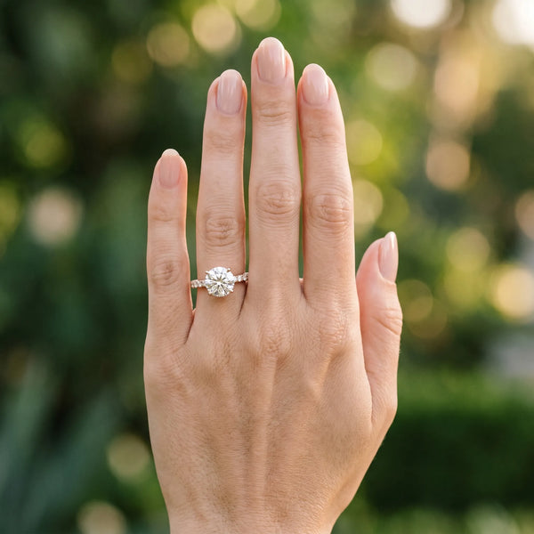 Rose gold Emerald Diamond Solitaire Ring with Shared Prong Round Side Stones