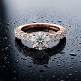 Rose gold Emerald Diamond Solitaire Ring with Shared Prong Round Side Stones_15