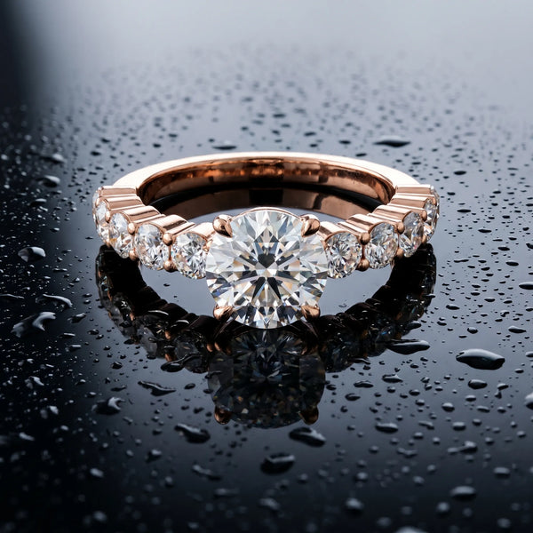 Rose gold Emerald Diamond Solitaire Ring with Shared Prong Round Side Stones