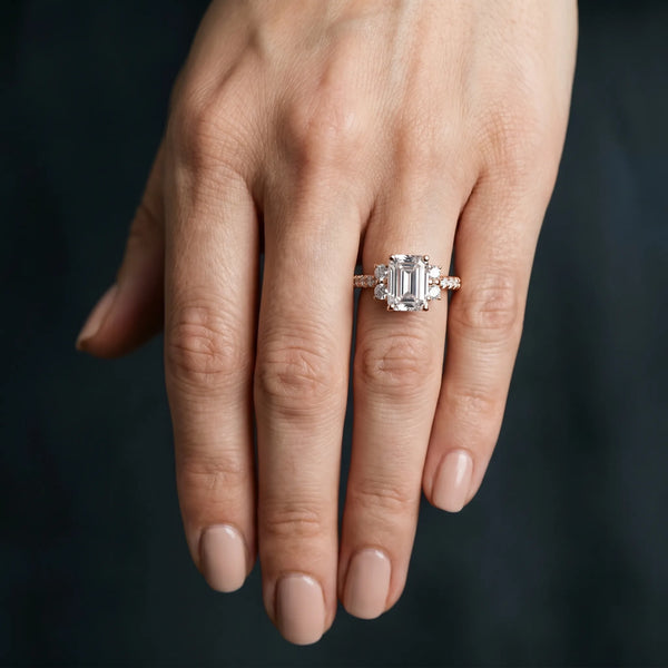 Rose gold Emerald Diamond Three-Stone Pave Band with Four-Prong Setting