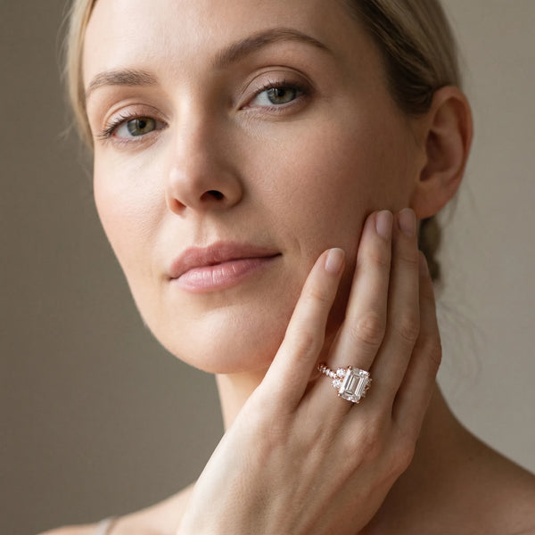 Rose gold Emerald Diamond Three-Stone Pave Band with Four-Prong Setting