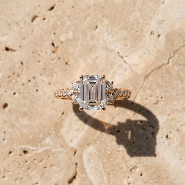 Rose gold Emerald Diamond Three-Stone Pave Band with Four-Prong Setting