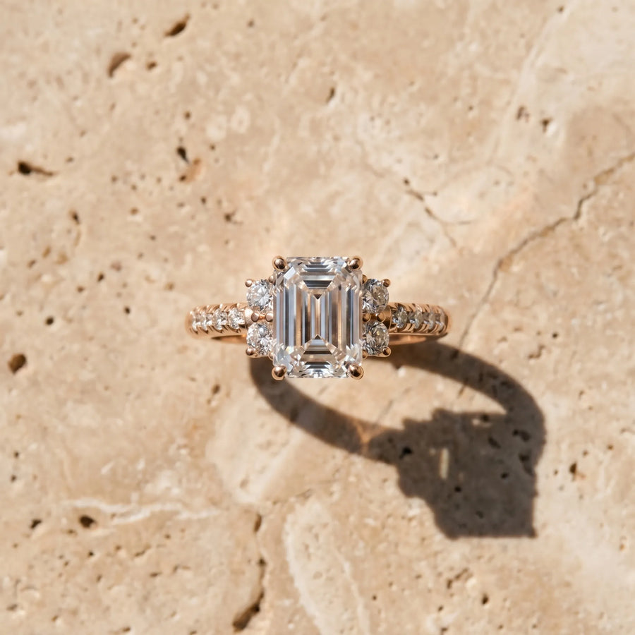 Rose gold Emerald Diamond Three-Stone Pave Band with Four-Prong Setting