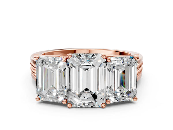 Rose gold Emerald Diamond Three-Stone Ring with Prong Setting and Textured Band