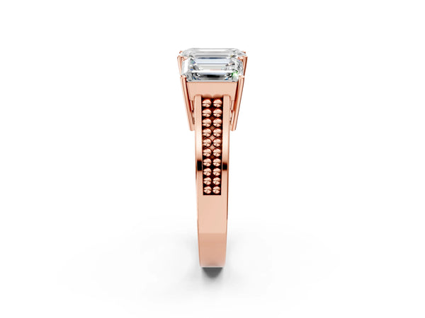 Rose gold Emerald Diamond Three-Stone Ring with Prong Setting and Textured Band