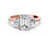 Rose gold Emerald Diamond Three-Stone Ring with Trapezoid Side Stones and Prong Setting_23