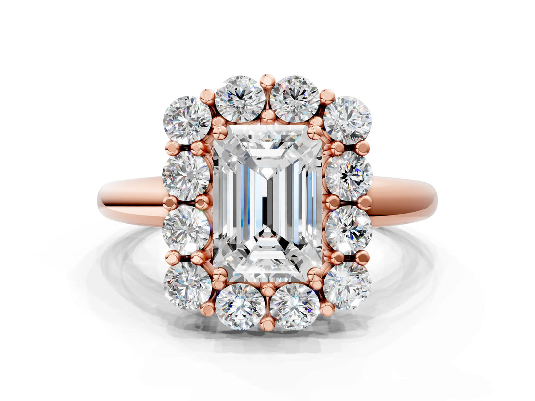 Rose gold Emerald Halo Cluster Diamond Engagement Ring with Prong Setting and Polished Band_87