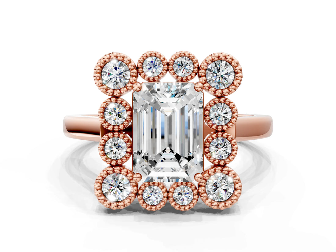 Rose gold Emerald Halo Diamond Cluster Engagement Ring with Milgrain Bezel Setting and Solitaire Band_51