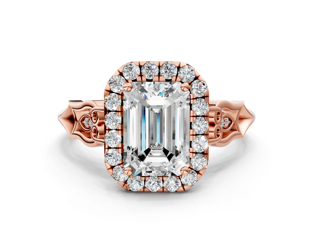 Rose gold Emerald Halo Diamond Engagement Ring with Filigree Band and Four-Prong Setting_81