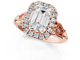 Rose gold Emerald Halo Diamond Engagement Ring with Filigree Band and Four-Prong Setting_82