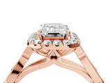 Rose gold Emerald Halo Diamond Engagement Ring with Filigree Band and Four-Prong Setting_85