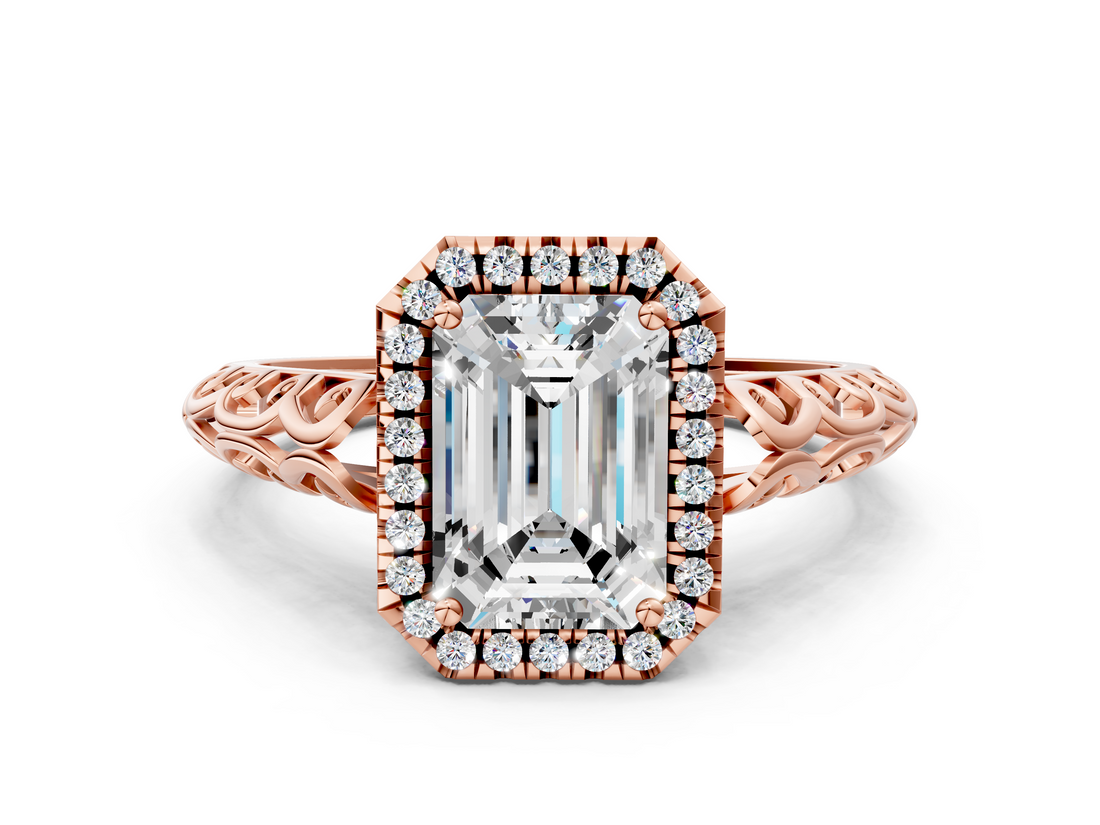 Rose gold Emerald Halo Diamond Engagement Ring with Intricate Filigree Band and Four-Prong Setting_34