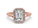 Rose gold Emerald Halo Diamond Engagement Ring with Intricate Filigree Band and Four-Prong Setting_34