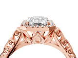 Rose gold Emerald Halo Diamond Engagement Ring with Intricate Filigree Band and Four-Prong Setting_38