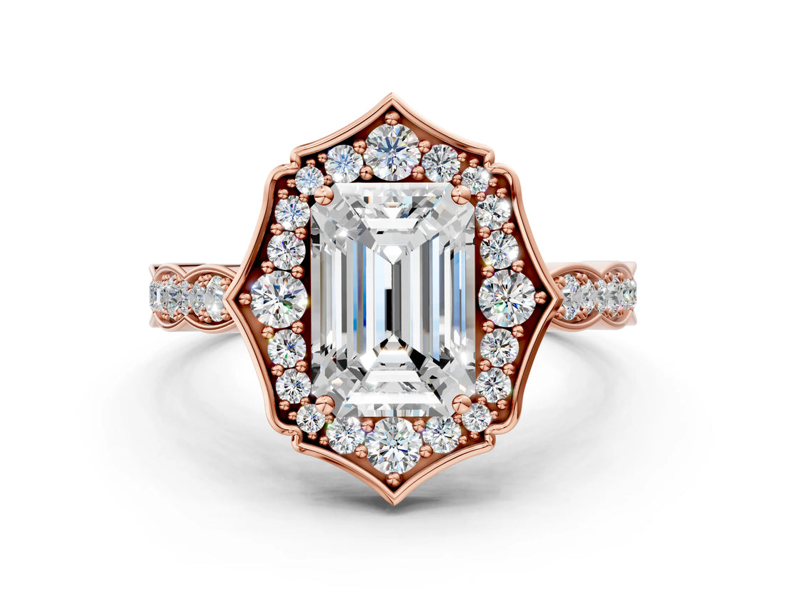 Rose gold Emerald Halo Diamond Engagement Ring with Milgrain Band and Four-Prong Setting_37