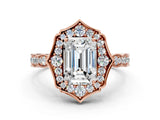 Rose gold Emerald Halo Diamond Engagement Ring with Milgrain Band and Four-Prong Setting_37