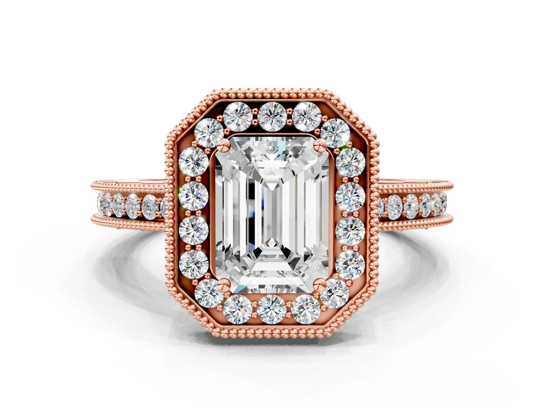 Rose gold Emerald Halo Diamond Engagement Ring with Milgrain Pave Band and Four-Prong Setting_75