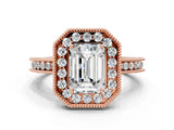Rose gold Emerald Halo Diamond Engagement Ring with Milgrain Pave Band and Four-Prong Setting_75