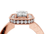 Rose gold Emerald Halo Diamond Engagement Ring with Milgrain Pave Band and Four-Prong Setting_79
