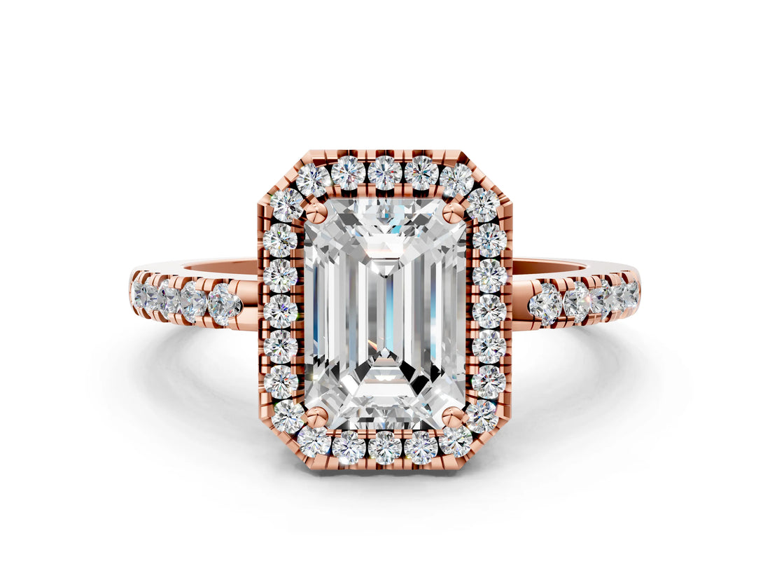 Rose gold Emerald Halo Diamond Engagement Ring with Pavé Band and Four-Prong Setting_99