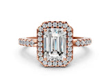 Rose gold Emerald Halo Diamond Engagement Ring with Pavé Band and Four-Prong Setting_99