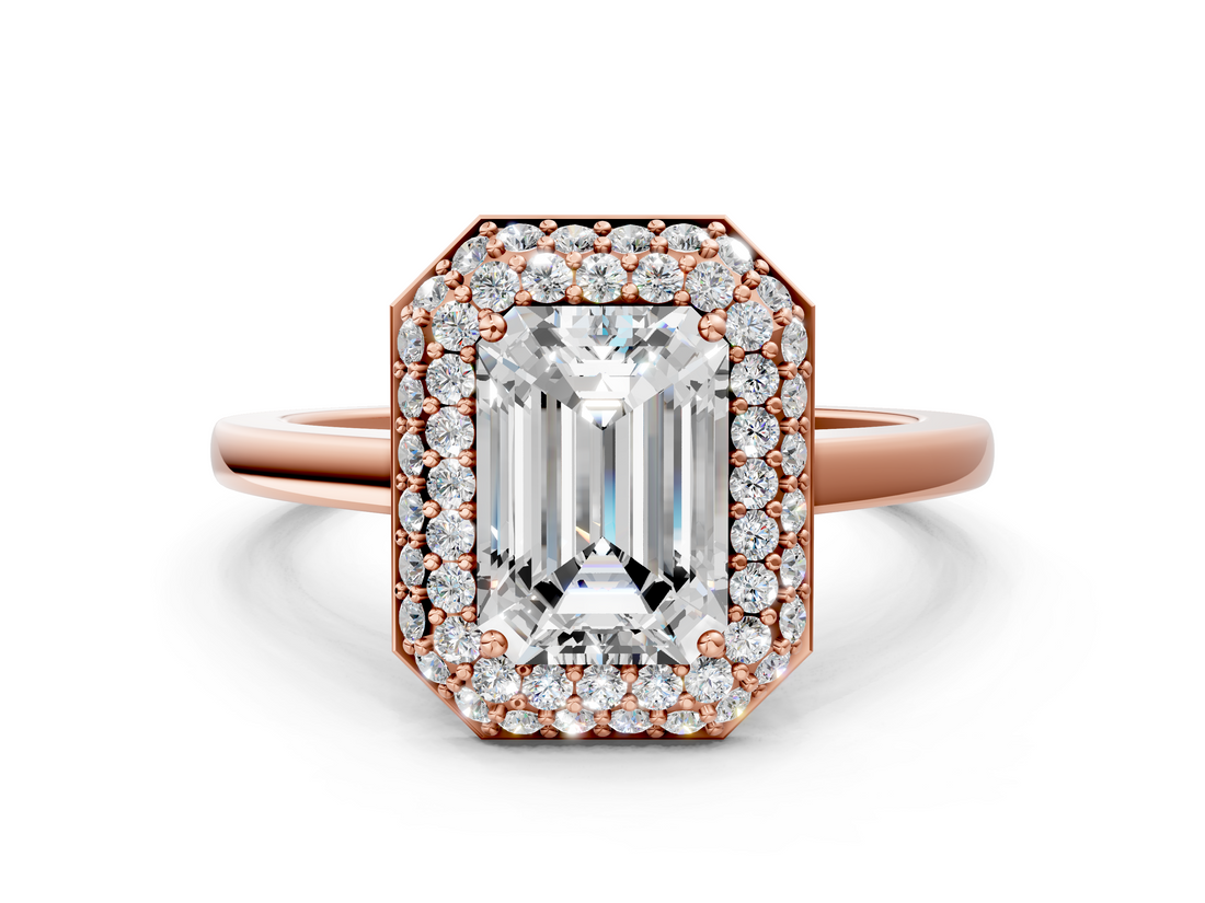 Rose gold Emerald Halo Diamond Engagement Ring with Solitaire Band and Four-Prong Setting_20