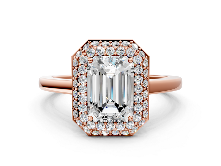 Rose gold Emerald Halo Diamond Engagement Ring with Solitaire Band and Four-Prong Setting
