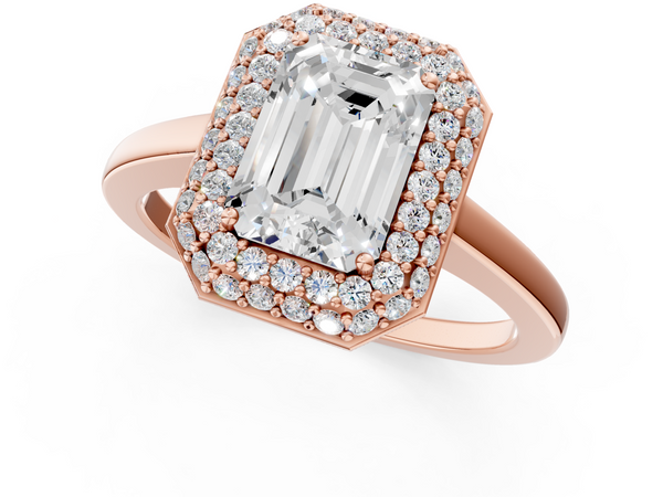 Rose gold Emerald Halo Diamond Engagement Ring with Solitaire Band and Four-Prong Setting