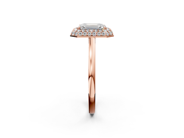 Rose gold Emerald Halo Diamond Engagement Ring with Solitaire Band and Four-Prong Setting