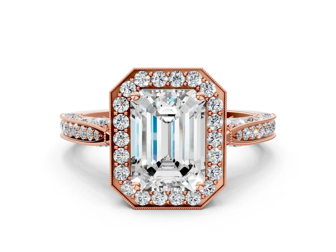Rose gold Emerald Halo Diamond Engagement Ring with Split Shank Band and Four-Prong Setting_6