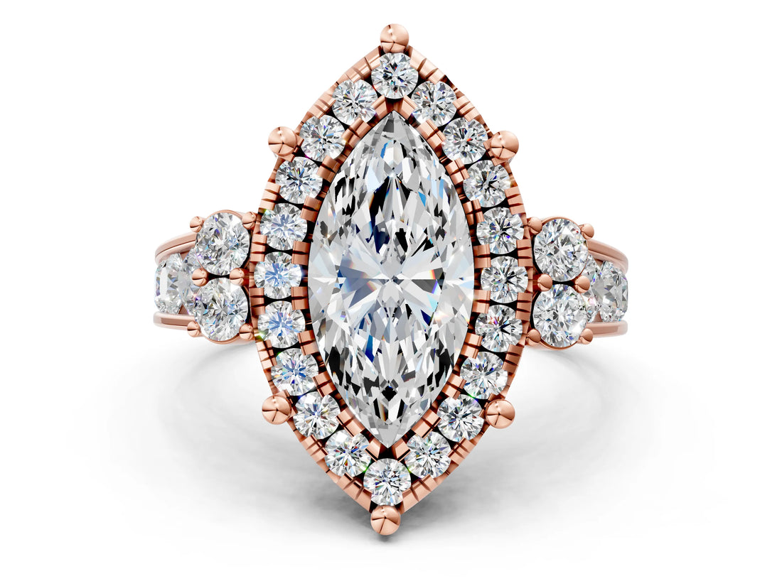 Rose gold Emerald Halo Diamond Engagement Ring with Split Shank and Four-Prong Setting