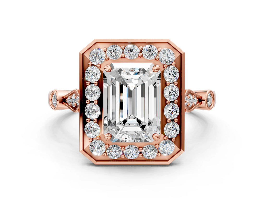 Rose gold Emerald Halo Diamond Engagement Ring with Twisted Band and Four-Prong Setting