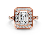 Rose gold Emerald Halo Diamond Engagement Ring with Twisted Band and Four-Prong Setting