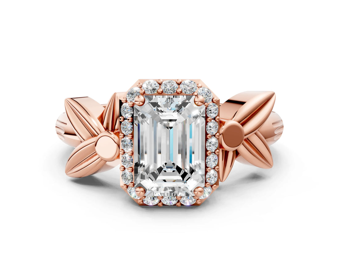 Rose gold Emerald Halo Diamond Floral Band with Four-Prong Setting_76