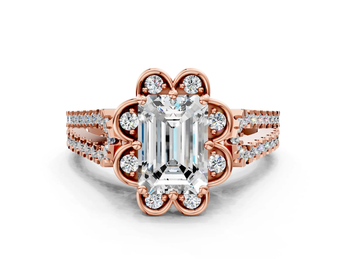 Rose gold Emerald Halo Diamond Floral Split Shank Engagement Ring