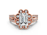 Rose gold Emerald Halo Diamond Floral Split Shank Engagement Ring