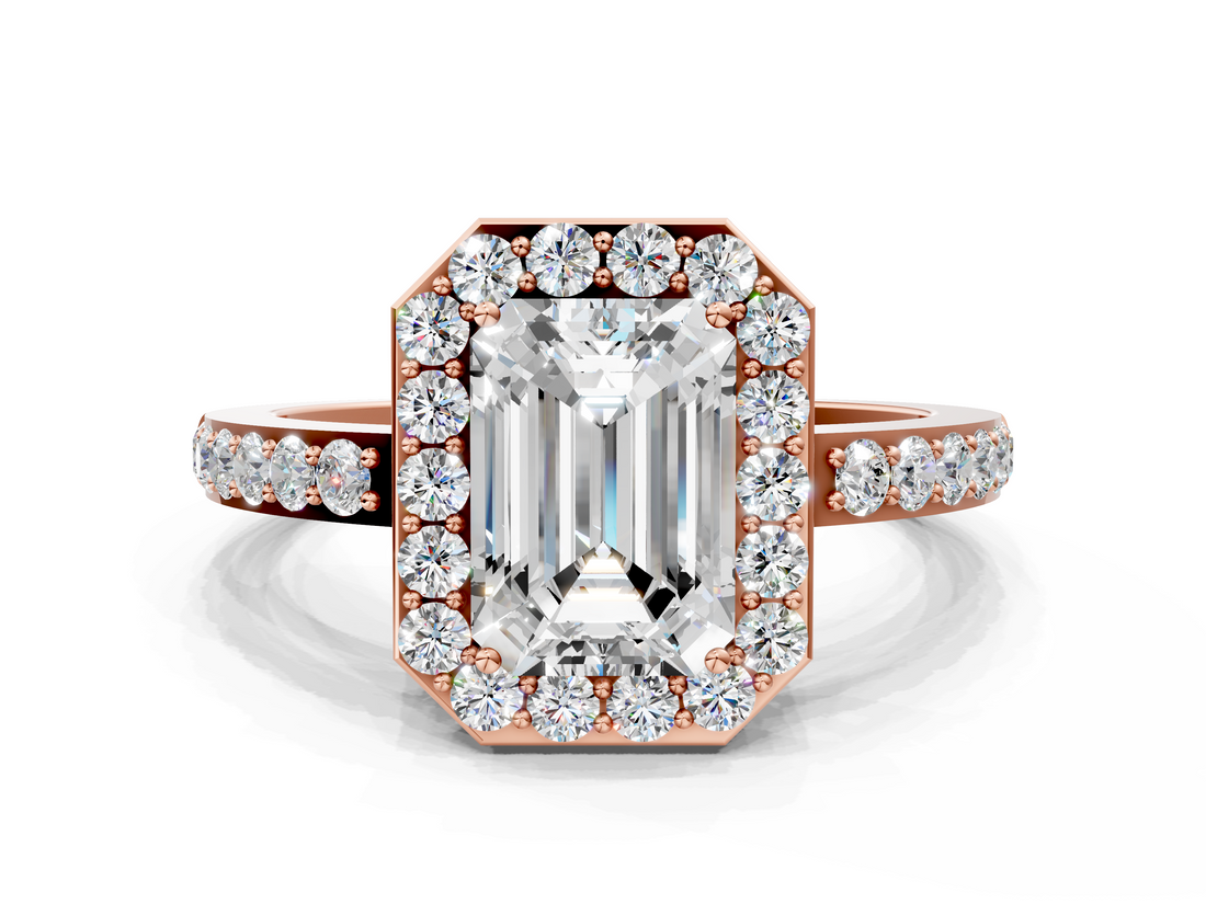Rose gold Emerald Halo Diamond Pavé Band Ring with Prong Setting_20